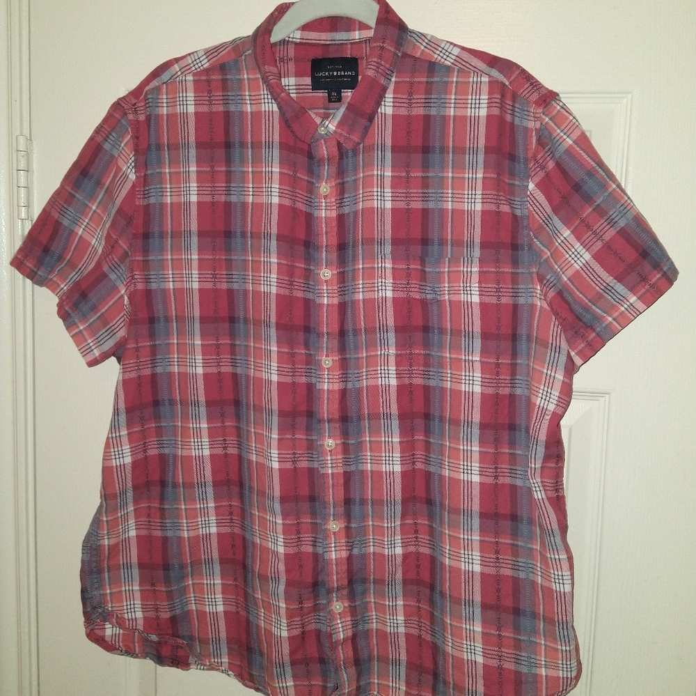 Lucky Brand Checkered Short Sleeve Button Up Shirt Men's sz XL.